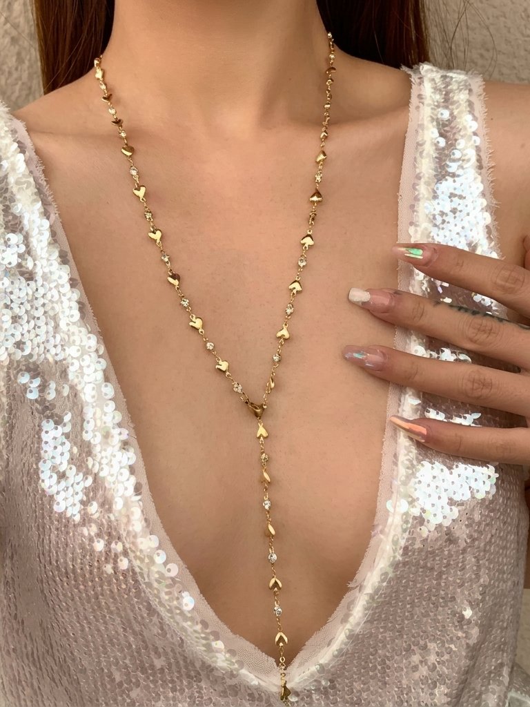 Long Gold Lariat Necklace Body Chains With Hearts Minimalist Elegant Style
